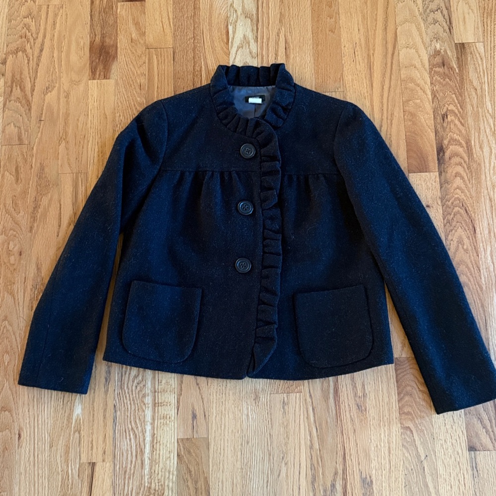 J. CREW Wool Ruffle Button Blazer, Charcoal Gray Size 4 - Picture 3 of 7